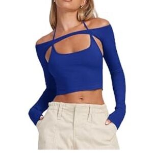 Amazon Remidoo Women's Off The Shoulder Cut Out Halter Long Sleeve Crop Top